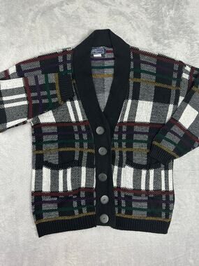 VTG 90s JJ Browne Mens XL Check Plaid Grandpa Cardigan Sweater Retro Cabin Boxy
